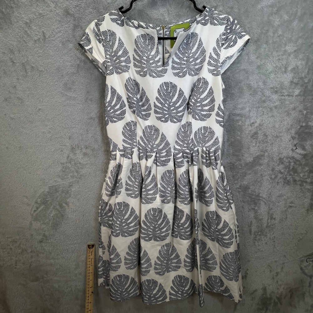 Elizabeth McKay‎ Monstera Leaf Print Silk Wool Blend Cap Sleeve Dress Pockets 6